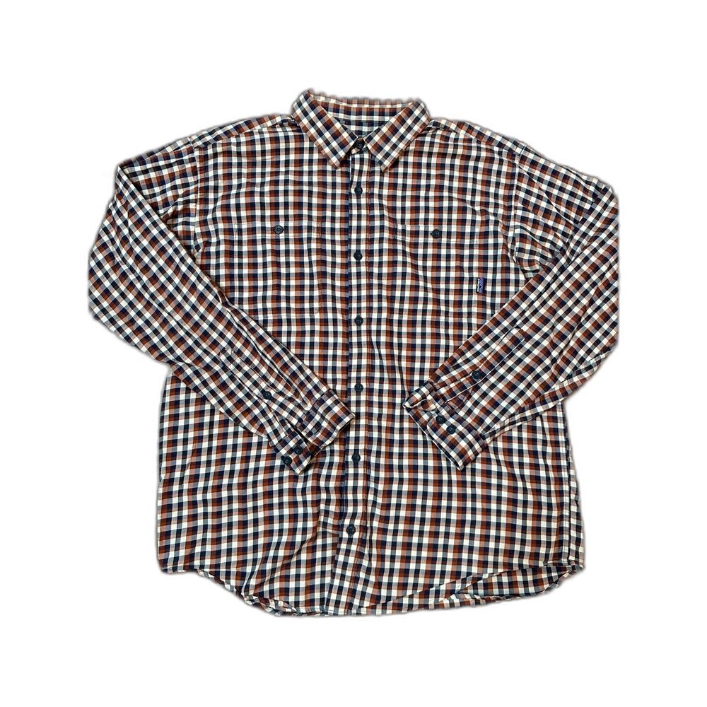 Patagonia Mens Cotton Long Sleeve Shirt Brown Blue Plaid Sz L